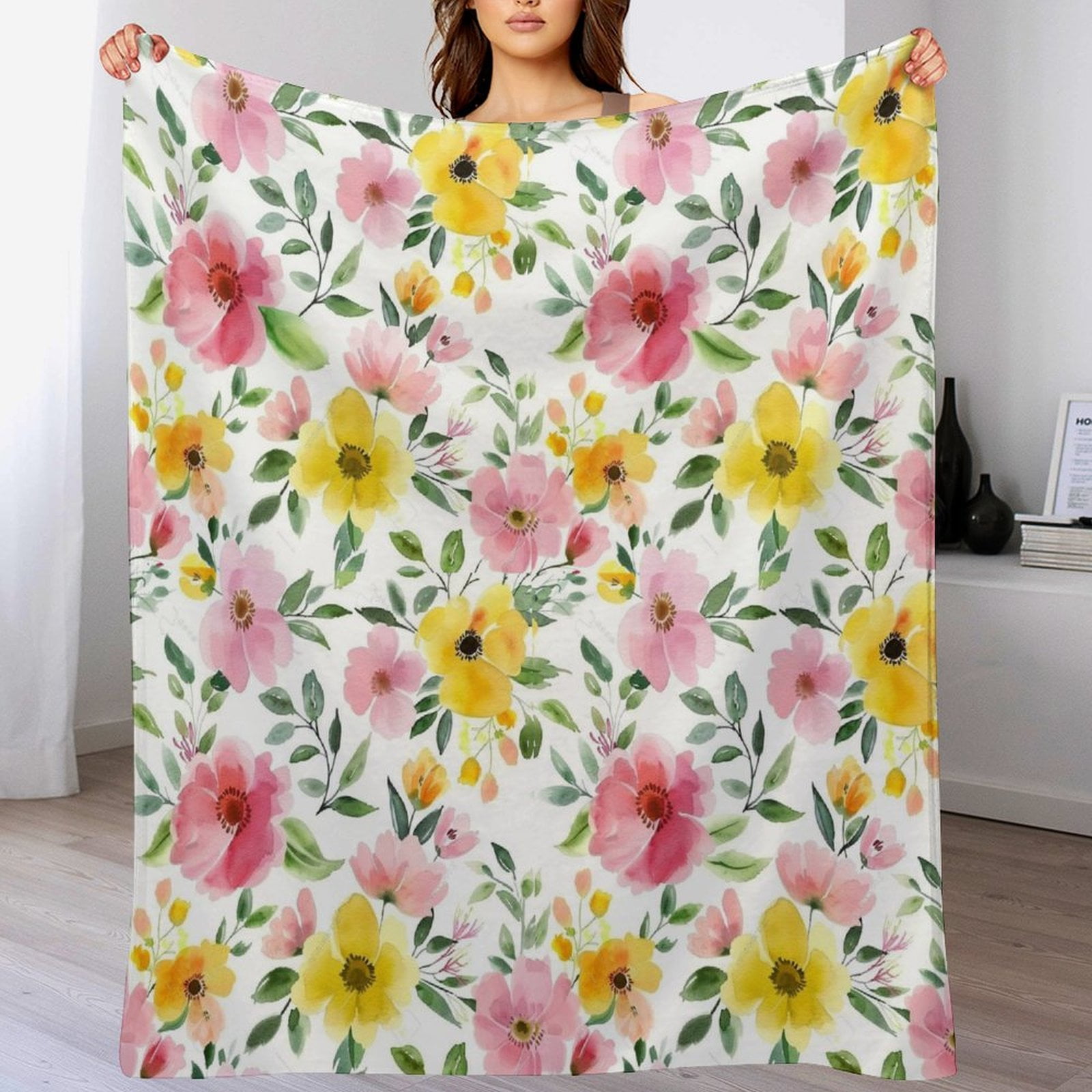 Pink And Yellow Watercolor Floral Flannel Warm Throw 50