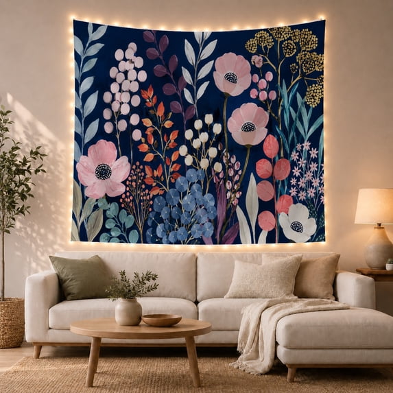 Pink Anemones with Berry Sprigs Against a Navy Background, Whimsical Watercolor for Flower Lovers, Botanical Floral Wall Art, Mother's Day Gift Tapestry Wall Hanging for Bedroom and Living Room