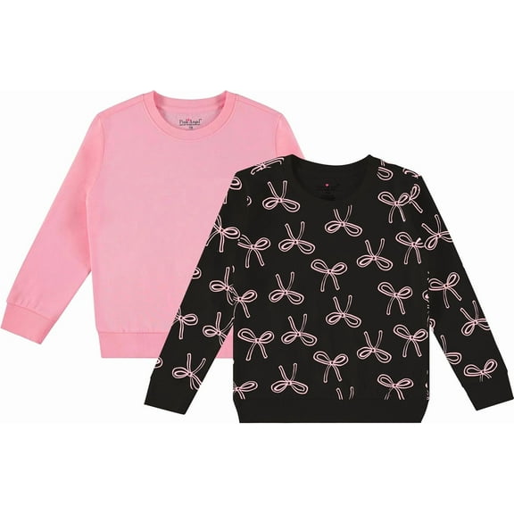 Pink Angel 2-Pack Girls Fleece Crewneck Sweatshirts – Soft Cotton Blend Pullover Tops for School, Play, and Layering - Light Pink and Bows - Size 7/8