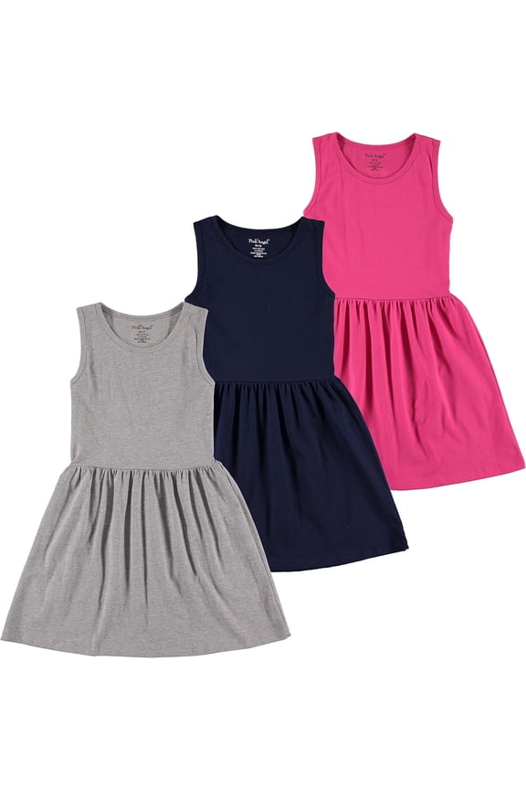 3-Pack Girls' Dresses, Kids Casual Fit and Flare Sleeveless Summer Dress & School Outfit, 100% Cotton - Grey/Navy/Fuchsia