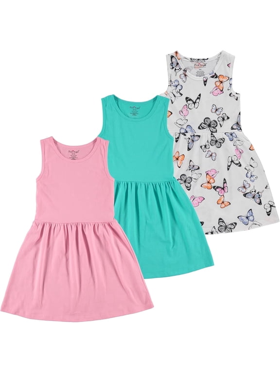 3-Pack Girls' Dresses, Kids Casual Fit and Flare Sleeveless Summer Dress & School Outfit, 100% Cotton - Light Pink/Mint/White