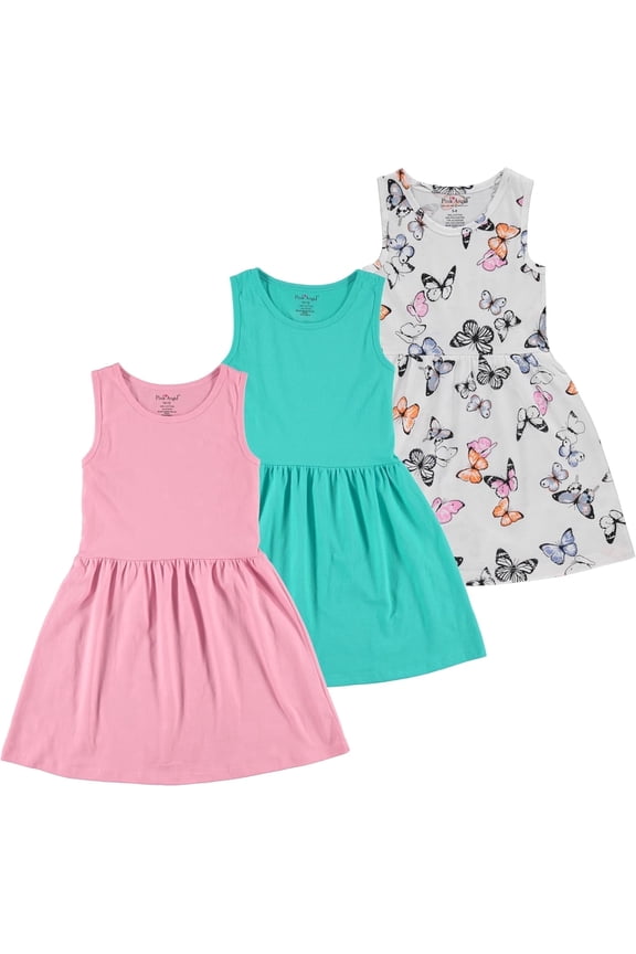 3-Pack Girls' Dresses, Kids Casual Fit and Flare Sleeveless Summer Dress & School Outfit, 100% Cotton - Light Pink/Mint/White