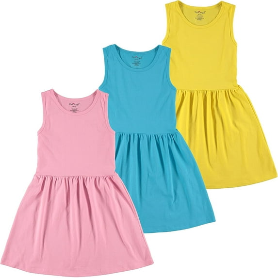 Pink Angel 3-Pack Girls' Dresses, Kids Casual Fit and Flare Sleeveless Summer Dress & School Outfit, 100% Cotton -Pink/Aqua/Yellow