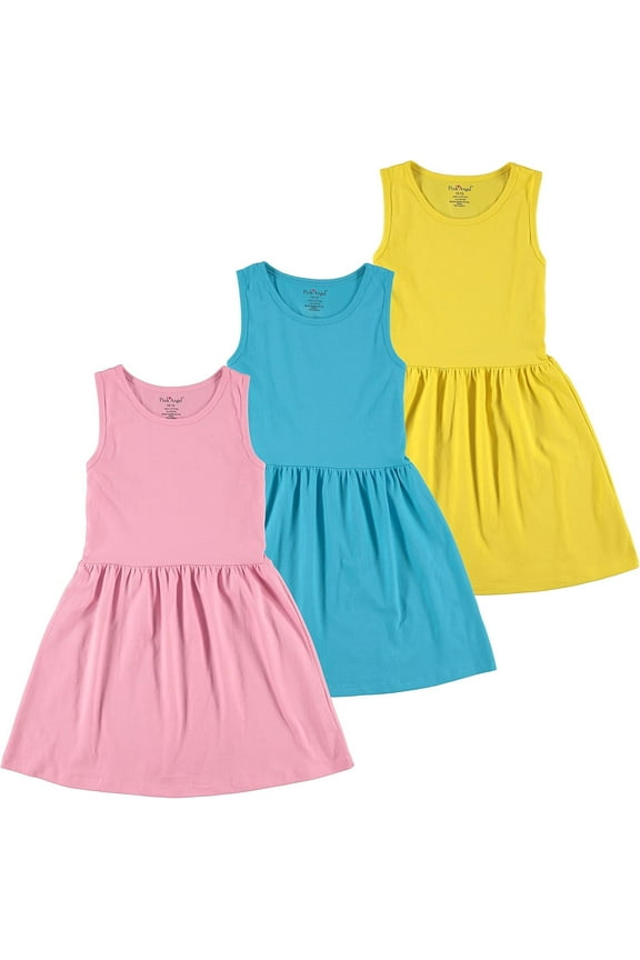 3-Pack Girls' Dresses, Kids Casual Fit and Flare Sleeveless Summer Dress & School Outfit, 100% Cotton -Pink/Aqua/Yellow