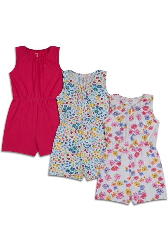 3-Pack Girls Rompers, 100% Cotton Spring & Summer Outfit, Sleeveless Pull-On One Piece, Casual Playwear