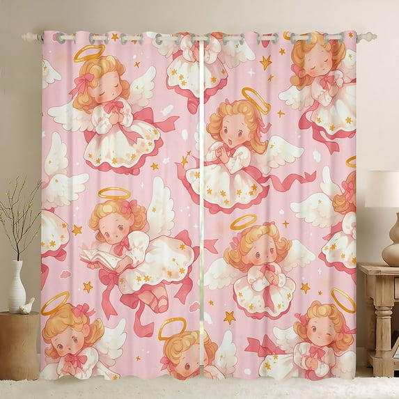 Pink Angel 30%-50% Blackout Curtains Angel Halo Wings Curtains Dreamy Cartoon Bedroom Curtains Watercolor Wings Decor Window Curtains Gradient Feather Print Curtains,2 Panels (38Wx54L)