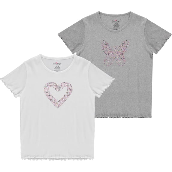 Pink Angel Girls 2-Pack Ribbed Graphic Tops. Rhinestone Tees, Soft Stretch Everyday Short Sleeve Shirts for Kids Girls
