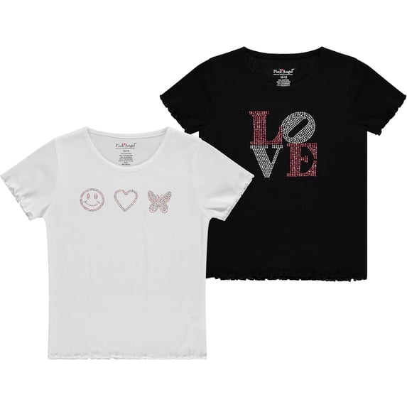 Pink Angel Girls 2-Pack Ribbed Graphic Tops. Rhinestone Tees, Soft Stretch Everyday Short Sleeve Shirts for Kids Girls
