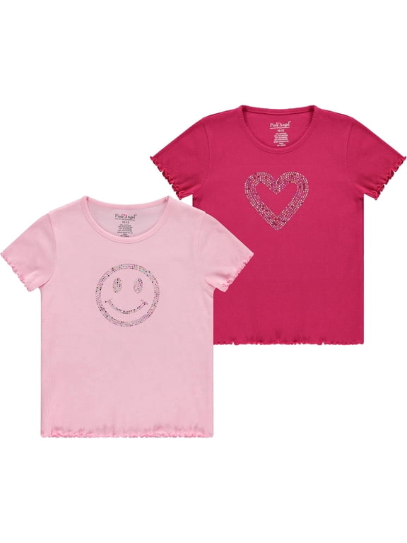 Girls 2-Pack Ribbed Graphic Tops. Rhinestone Tees, Soft Stretch Everyday Short Sleeve Shirts for Kids Girls