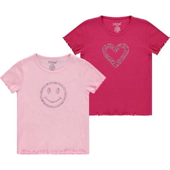 Pink Angel Girls 2-Pack Ribbed Graphic Tops. Rhinestone Tees, Soft Stretch Everyday Short Sleeve Shirts for Kids Girls