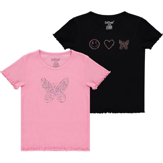 Pink Angel Girls 2-Pack Ribbed Graphic Tops. Rhinestone Tees, Soft Stretch Everyday Short Sleeve Shirts for Kids Girls