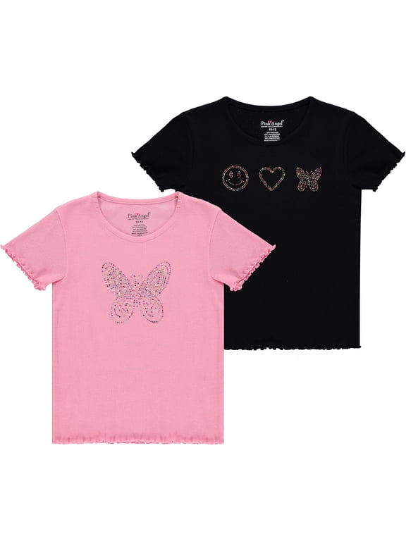 Girls 2-Pack Ribbed Graphic Tops. Rhinestone Tees, Soft Stretch Everyday Short Sleeve Shirts for Kids Girls