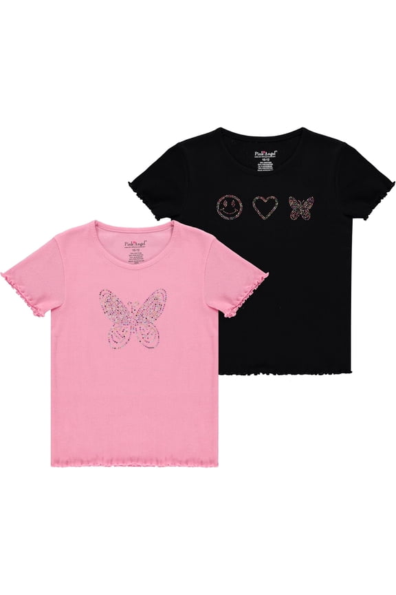Girls 2-Pack Ribbed Graphic Tops. Rhinestone Tees, Soft Stretch Everyday Short Sleeve Shirts for Kids Girls