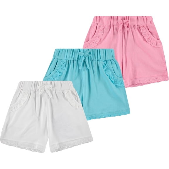 Pink Angel Girls’ 3-Pack Eyelet Trim Pull-On Shorts with Pockets – Cotton Blend, Assorted Colors, Machine Washable, Summer Casual Bottoms