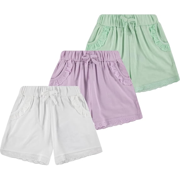 Pink Angel Girls’ 3-Pack Eyelet Trim Pull-On Shorts with Pockets – Cotton Blend, Assorted Colors, Machine Washable, Summer Casual Bottoms