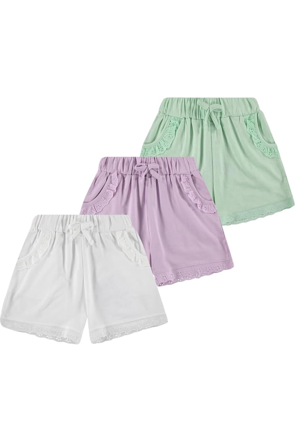 Girls’ 3-Pack Eyelet Trim Pull-On Shorts with Pockets – Cotton Blend, Assorted Colors, Machine Washable, Summer Casual Bottoms
