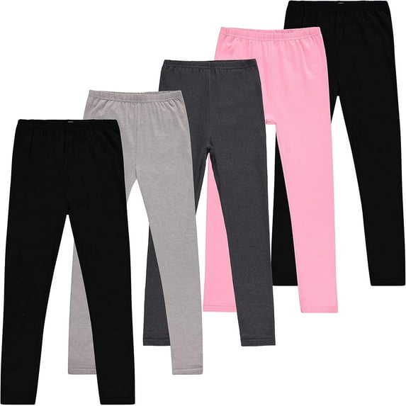 Pink Angel Girls’ 5-Pack Leggings – 2 Black, 1 Gray, 1 Heather Gray, 1 Pink – Soft Cotton Stretch Pants for School, Play and Everyday Wear