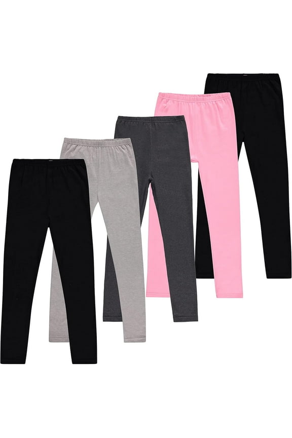 Girls’ 5-Pack Leggings – 2 Black, 1 Gray, 1 Heather Gray, 1 Pink – Soft Cotton Stretch Pants for School, Play and Everyday Wear