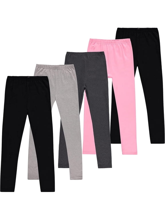 Girls’ 5-Pack Leggings – 2 Black, 1 Gray, 1 Heather Gray, 1 Pink – Soft Cotton Stretch Pants for School, Play and Everyday Wear