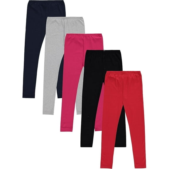 Pink Angel Girls’ 5-Pack Leggings – Black, Heather Gray, Red, Fuchsia and Navy – Durable, Machine-Washable Cotton Stretch Pants for Girls