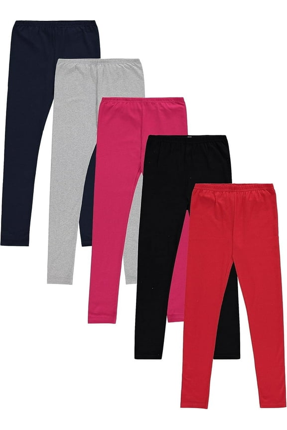 Girls’ 5-Pack Leggings – Black, Heather Gray, Red, Fuchsia and Navy – Durable, Machine-Washable Cotton Stretch Pants for Girls