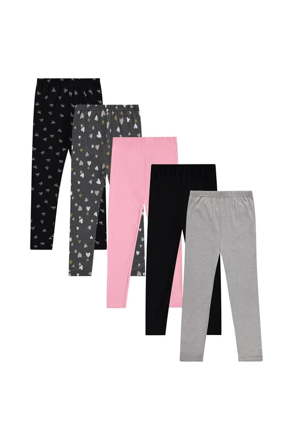 Girls’ 5-Pack Leggings – Hearts, Bows and Solid Colors in Pink, Black and Gray – Cute and Comfortable Cotton Stretch Pants