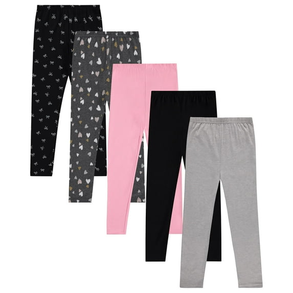 Pink Angel Girls’ 5-Pack Leggings – Hearts, Bows and Solid Colors in Pink, Black and Gray – Cute and Comfortable Cotton Stretch Pants