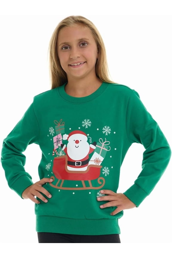 Girls’ Christmas Sweatshirt – Cozy Fleece Holiday Pullover – Festive Winter Top for School, Parties & Photos – Green Santa- Sizes 10/12