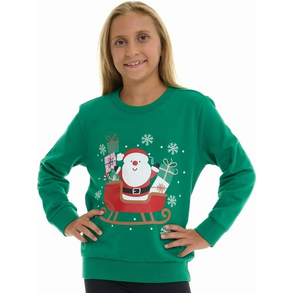 Pink Angel Girls’ Christmas Sweatshirt – Cozy Fleece Holiday Pullover – Festive Winter Top for School, Parties & Photos – Green Santa- Sizes 4