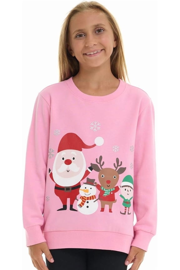 Girls’ Christmas Sweatshirt – Cozy Fleece Holiday Pullover – Festive Winter Top for School, Parties & Photos – Pink Santa- Sizes 10/12