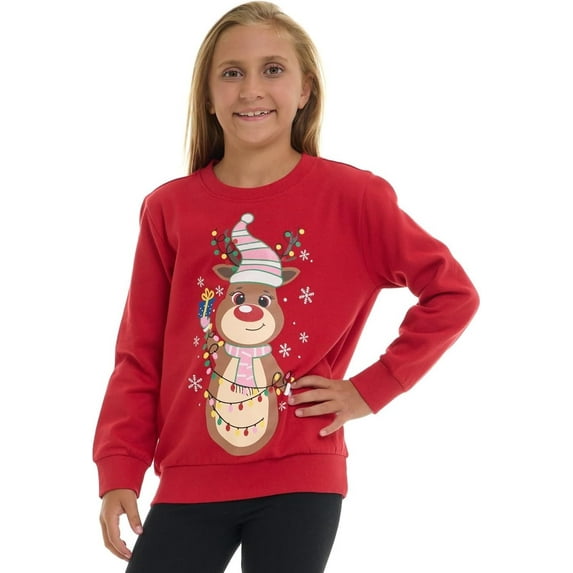 Pink Angel Girls’ Christmas Sweatshirt – Cozy Fleece Holiday Pullover – Festive Winter Top for School, Parties & Photos – Red Reindeer- Sizes 14