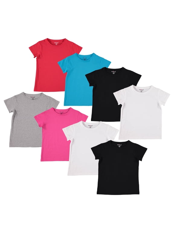 Girls' Tees, 8-Pack 100% Cotton Plain Solid Color Girls Tee Shirt Size 6-7