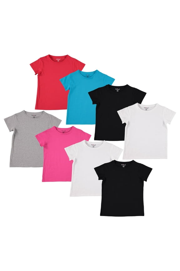 Girls' Tees, 8-Pack 100% Cotton Plain Solid Color Girls Tee Shirt Size 6-7
