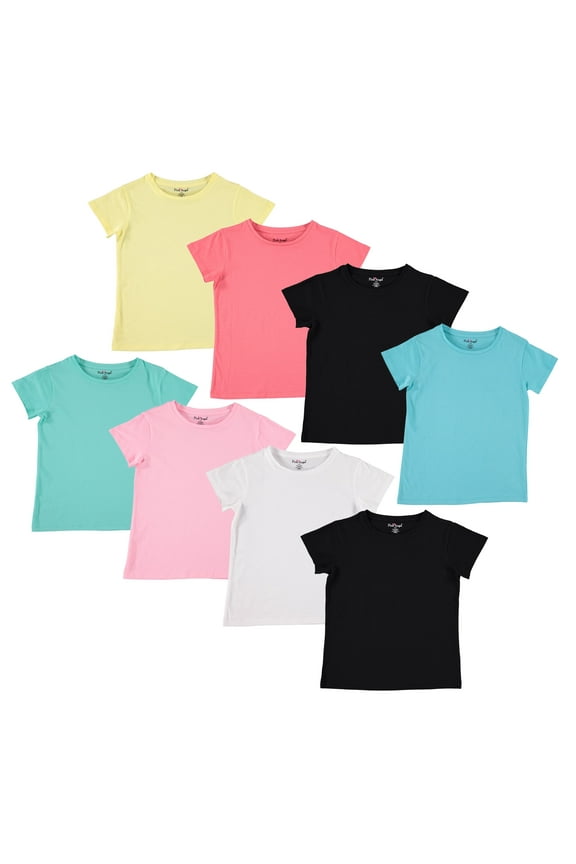 Girls' Tees, 8-Pack 100% Cotton Plain Solid Color Girls Tee Shirts, Size 6-7