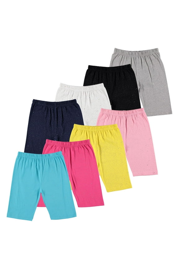 Kids Girls Cotton Spandex Bike Shorts, Solid Plain Sports Activewear Dance Bottoms - 8 Pack, Assorted Colors