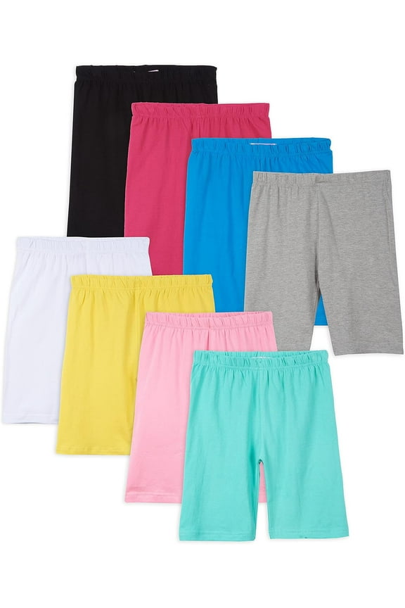 Kids Girls Cotton Spandex Bike Shorts, Solid Plain Sports Activewear Dance Bottoms - 8 Pack, Assorted Colors