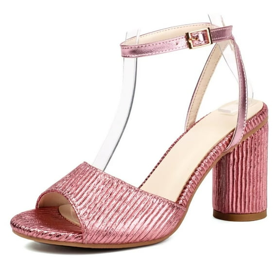 Pink Ankle Strap Round High Heels Sandals, Pleated Open Toe Sandals