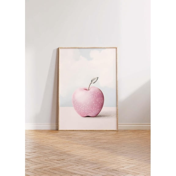 Pink Apple Art Print, Minimalist Wall Art, Cottagecore Nursery Decor, Girls Bedroom Decor, Vintage,Inspired Fruit Art, Wall Art Home Decor #369, Unframed Canvas Size 16x24