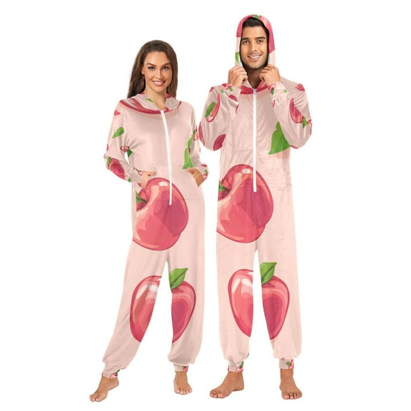 Pink Apples Adult Onesie Pajamas Slim Fit Christmas One Piece Suit Pjs for Women and Men Hooded Zipper