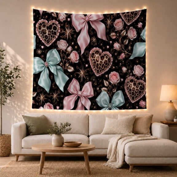 Pink Aqua Bows with Leopard Hearts and Roses, Romantic Maximalist Style for Aesthetic Decor Fans, Glam Wall Art, Valentine's Day Gift, Tapestry Wall Hanging for Bedroom and Dorm