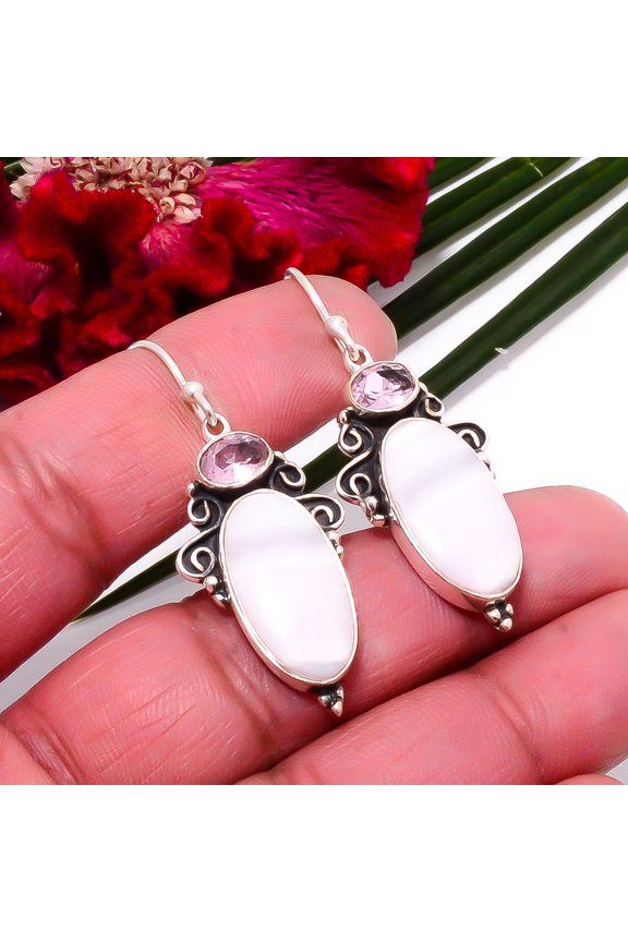 Pink Aragonite - Austria & Pink Kunzite 925 Sterling Silver Earring 1.87" Sku19