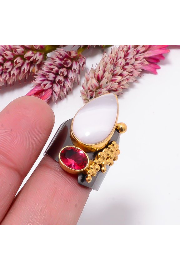 Pink Aragonite - Austria & Pink Rubellite Tourmaline Black And Gold Plated 925 Sterling Silver Ring s.7.5 Sku23, Pink Ring, Natural Gemstone Ring
