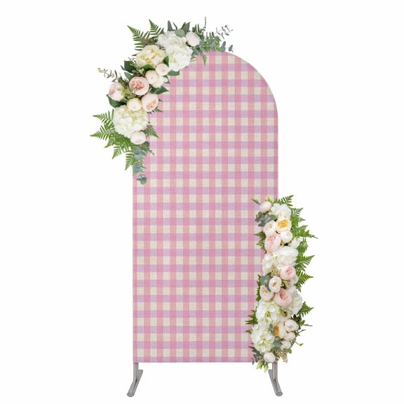 Pink Arch Backdrop Cover, Spandex Fitted Wedding Arch Cover, Grid Checkered Plaid Gingham Lattice Trellis Round Top Stand Covers for Birthday Ceremony Bridal Shower Party Decor 4x1.65 Ft