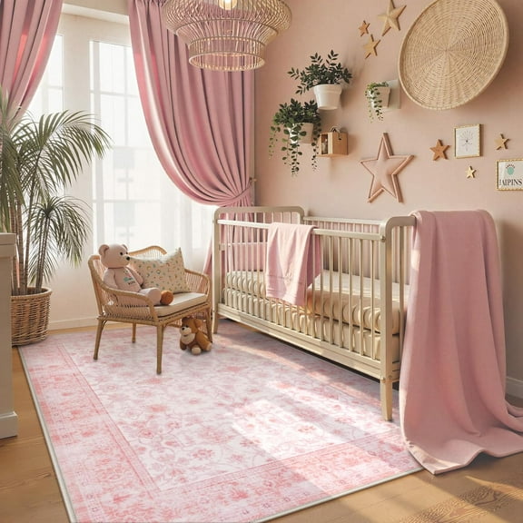 Pink Area Rug 5x7, Vintage Living Room Rug Machine Washable Area Rugs, Pink Rugs for Bedroom Girls, Indoor Carpet for Dining Room Nursery Dorm Home Decor