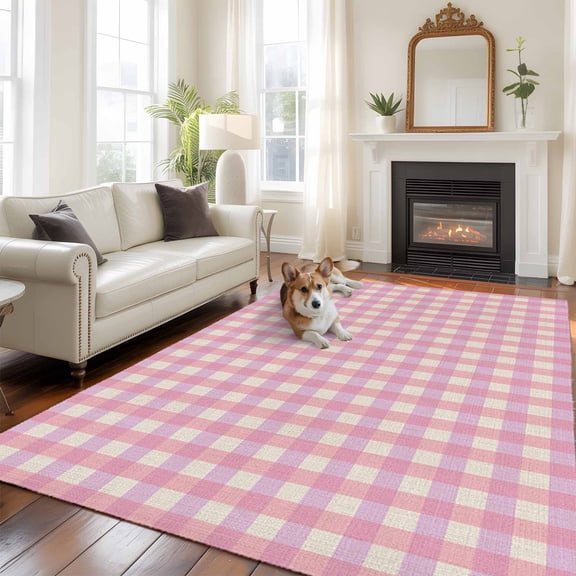 Pink Area Rug 5x8 FT, Non Slip Bedroom Throw Carpet, Grid Checkered Plaid Gingham Lattice Trellis Washable Soft Floor Carpet Non-Shedding Rug for Living Room Nursery Dorm Office