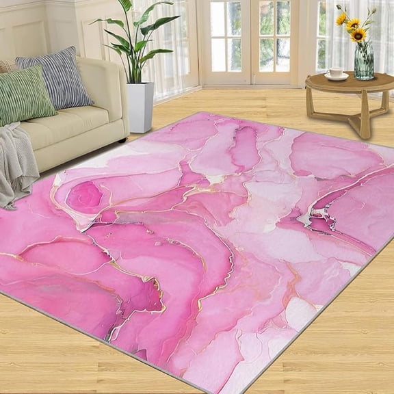 Pink Area Rug, Rose Gold Marble Rugs For Living Room, Machine Washable Easy Care Modern Gilded Texture Large Carpet For Living Room Bedroom Kitchen Entryway Floor Mat 4x6ft