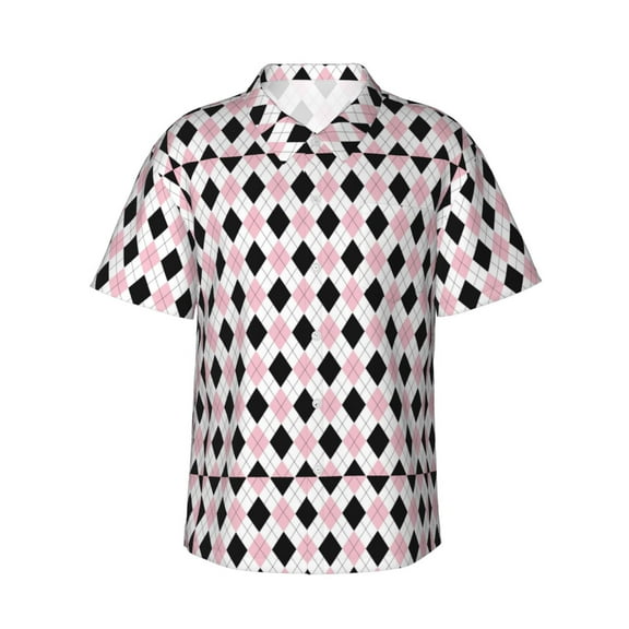 Pink Argyle Black White Hawaiian Shirts For Men, Summer Short-Sleeve Relaxed-Fit Button-Down Shirts Medium