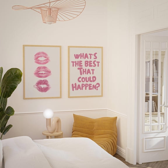 Pink Art Prints Lips Quote, Set 2, Stretched Canvas