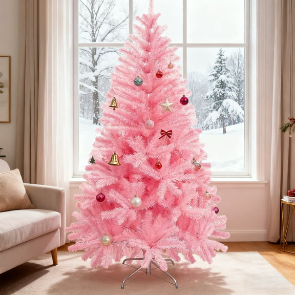 Pink Artificial Christmas Tree 7ft Pre Hinged Fake Xmas Tree with Foldable Metal Stand for Office Home Party Decoration, 1000 Dense PVC Branch Tips, Eye Catching Holiday Decor Tree for Winter Xmas