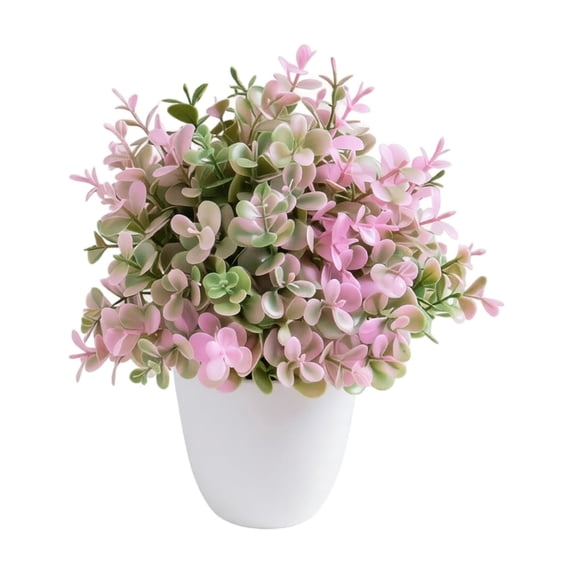Pink Artificial Eucalyptus Potted Plant, Faux Pink Green Leaf Arrangement Desk Ornament, Tabletop Home Decor for Shelf Office 7.48in
